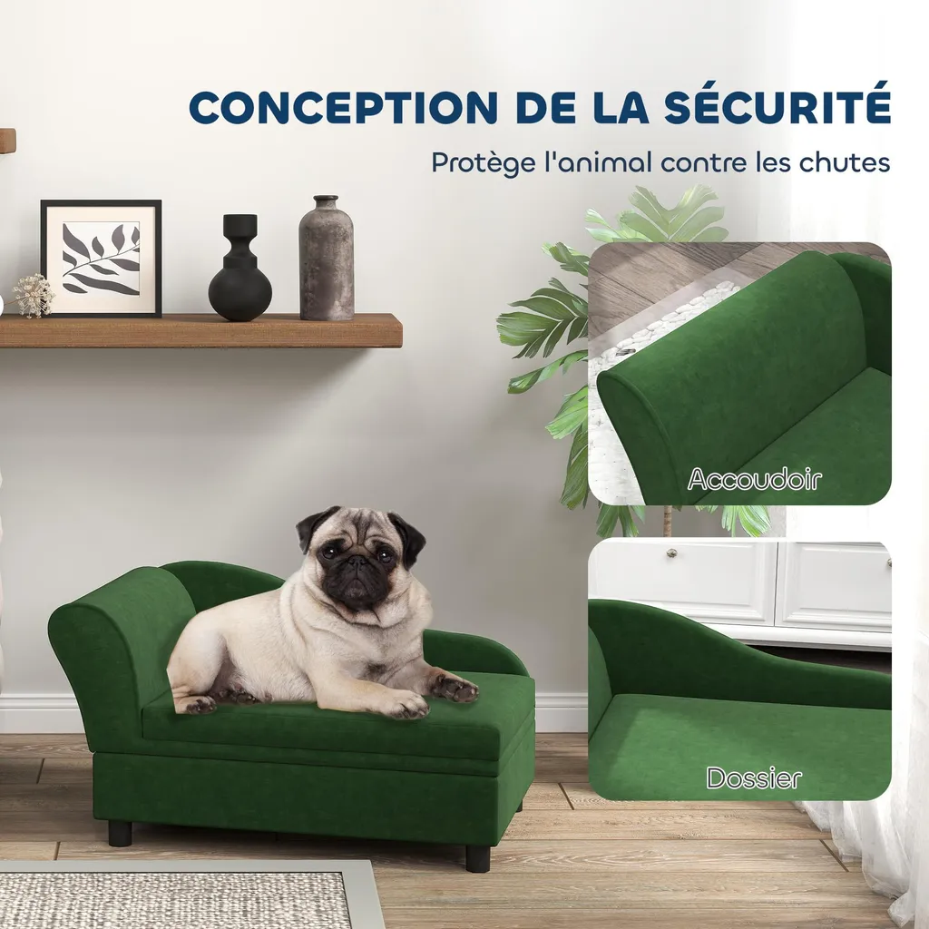 Canapé Chien Confortable Vert avec Coffre et Coussin Lavable 76 cm - 6