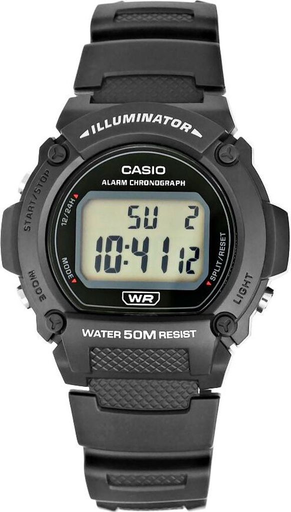 A black Casio digital watch is shown against a white background.