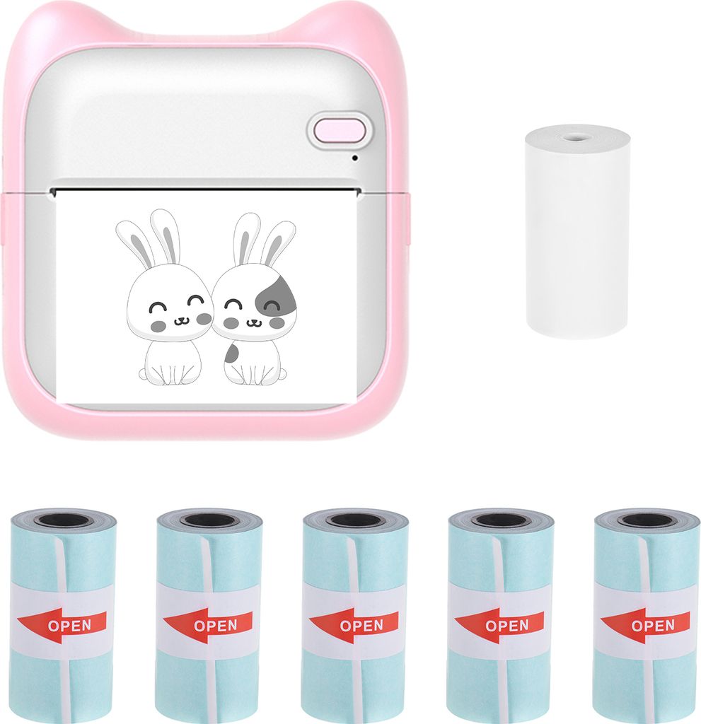 Mini Thermodrucker,Schwarz-Weiß-Fotodrucker Sofortdrucker 203 DPI, drahtlose Bluetooth, Aufkleber mit 5 Rollen Thermopapier 57 x 25 mm kompatibel ...