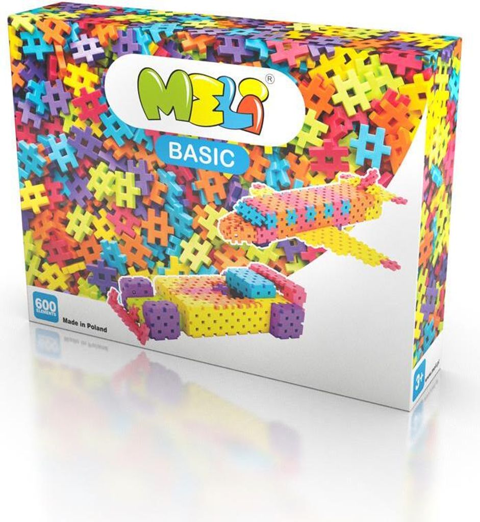 A product box for Meli Basic building blocks, showing a colorful assortment of the blocks and two examples of built structures (a car and an airplane).