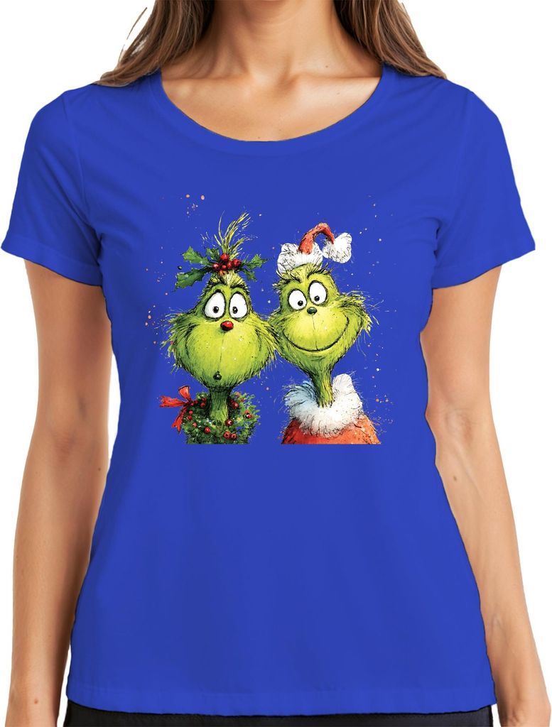 Grinch Weihnachten lustig Paar Kranz Holly Santa Hut Retro Damen T-Shirt, Blau, S