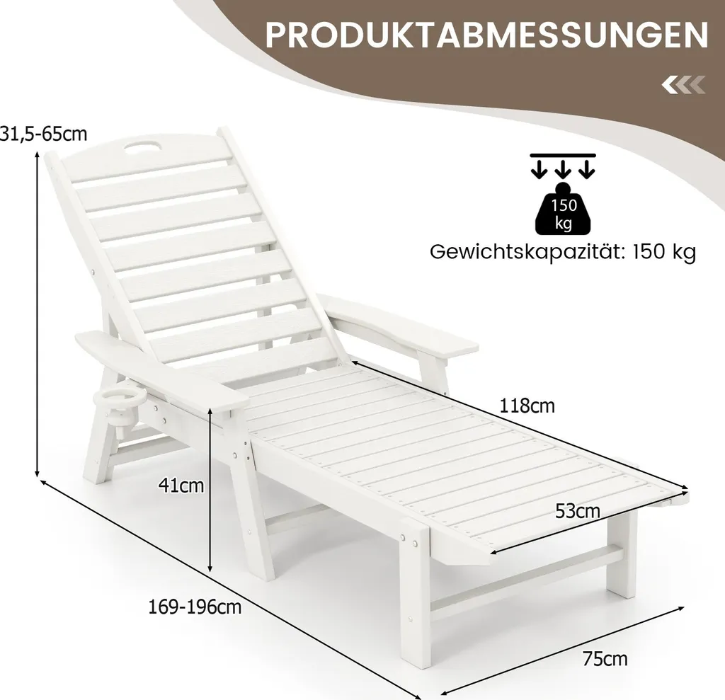 Bain de soleil blanc en plastique HDPE résistant avec porte-boisson