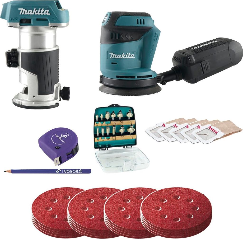 Makita Akku Exzenterschleifer 18V DBO180Z + Schleifscheiben Set 4-teilig K60/80/120/180 + Akku-Einhandfräse 18V DRT50Z, + Fräser 12-teilig