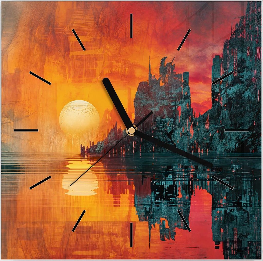 Wanduhr aus Glas mit Motiv Sonnenuntergang Stadt- 30 x 30 cm - inkl. Aufhängesystem