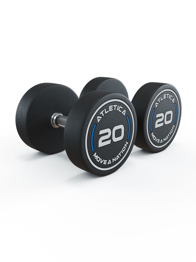 ATLETICA | Rundhanteln Pro | 2 x 20kg | Stoßdämpfende CPU-Ummantelung höchster Qualität | maximale Präzision dank CNC-gefrästem Stahlkern