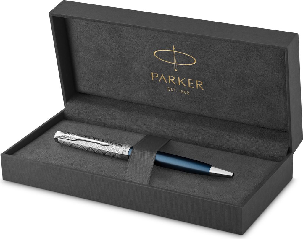 PARKER Sonnet Kugelschreiber | Premium Metal & Blue Satinierung mit Chromverkleidung | Medium Spitze mit schwarzer Tinte Nachfüllen | Geschenkbox