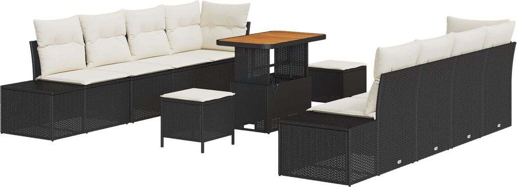 Möbel 11-teiliges Garten Sofa Set mit Kissen Schwarz Poly Rattan Akazie, 2-Sitzer Garten Sofa mit Kissen Schwarz Poly Rattan, 3-teiliges Garten Es...