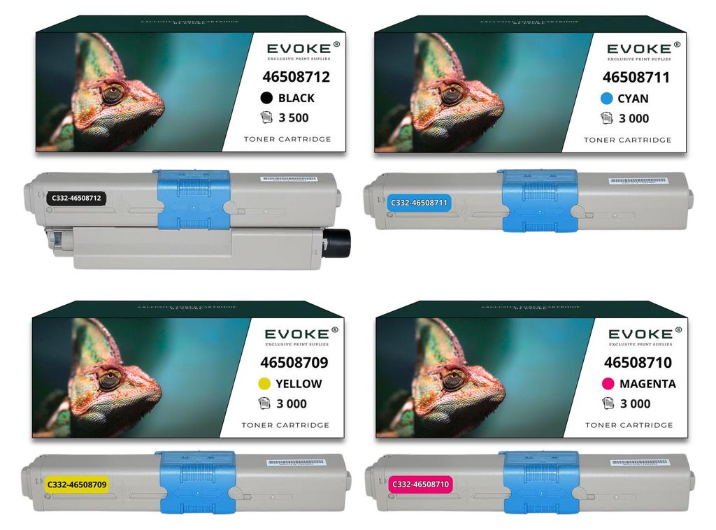 A collage of four toner cartridge boxes and their corresponding cartridges, each representing a different color (black, cyan, magenta, yellow).