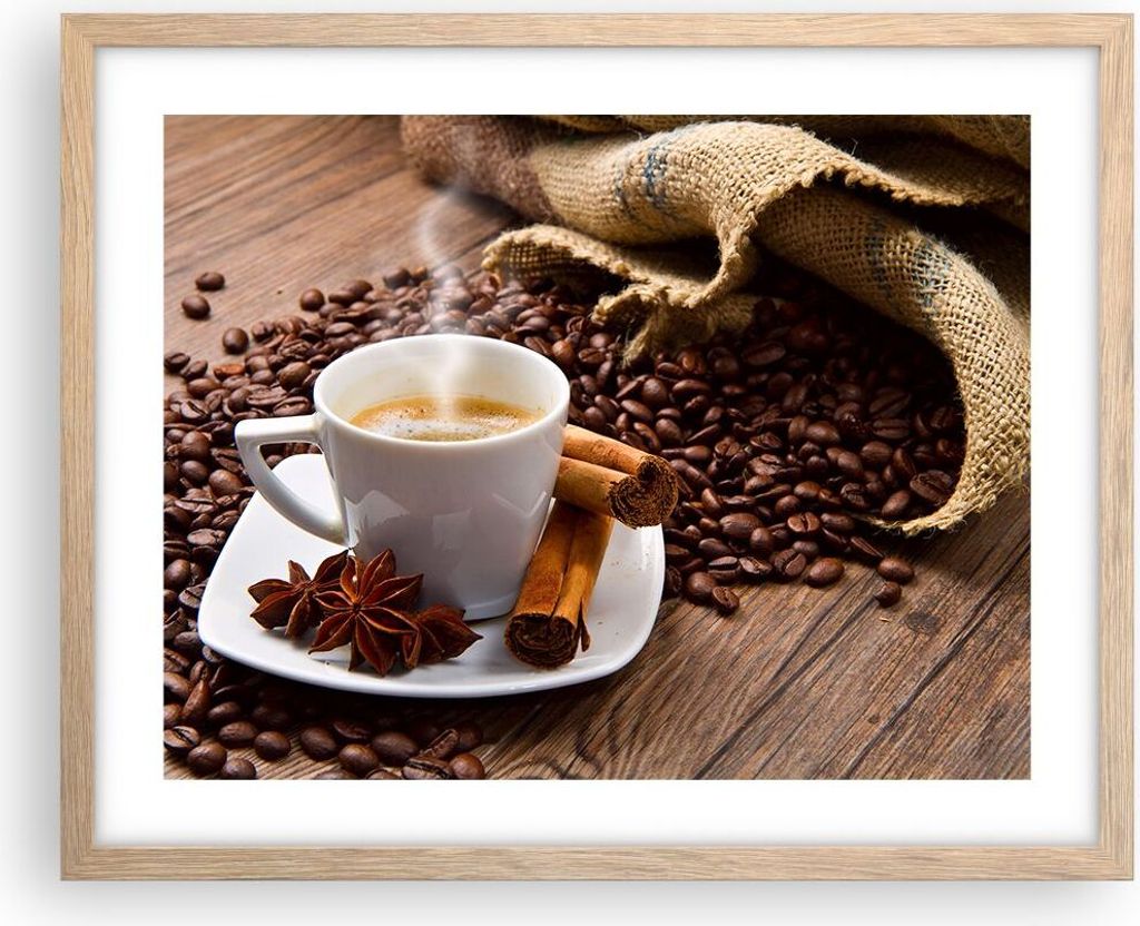 Gerahmtes Poster - Rahmen in heller Eiche - Kaffee schwarz Frühstück Schokolade - 50x40 cm - Wand Bild - Wanddeko - Wandbilder - Wandposter - Bil...