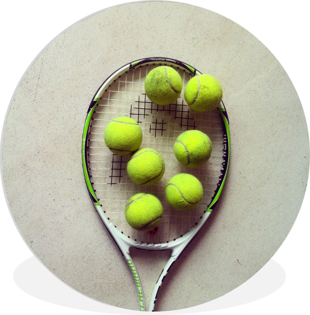 MuchoWow Rundes Wandbild - Runde Bilder Tennisschläger mit vielen Tennisbällen Ø 30 cm Kreis Wanddekoration Kunststoff - Wandkreis - Wandschmu...