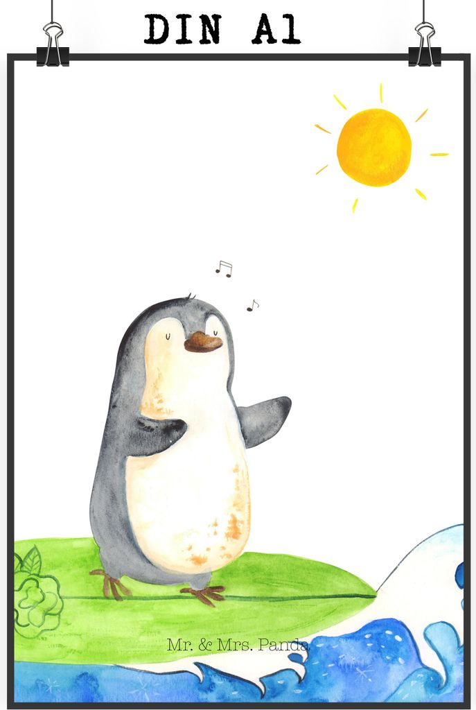 Mr. & Mrs. Panda Bild Pinguin Surfer DIN A1 - Weiß - Geschenk, Posterdruck, kunstdruck poster, Hawaii, Portugal, Optimistisch, Motiviert, Wandbild...