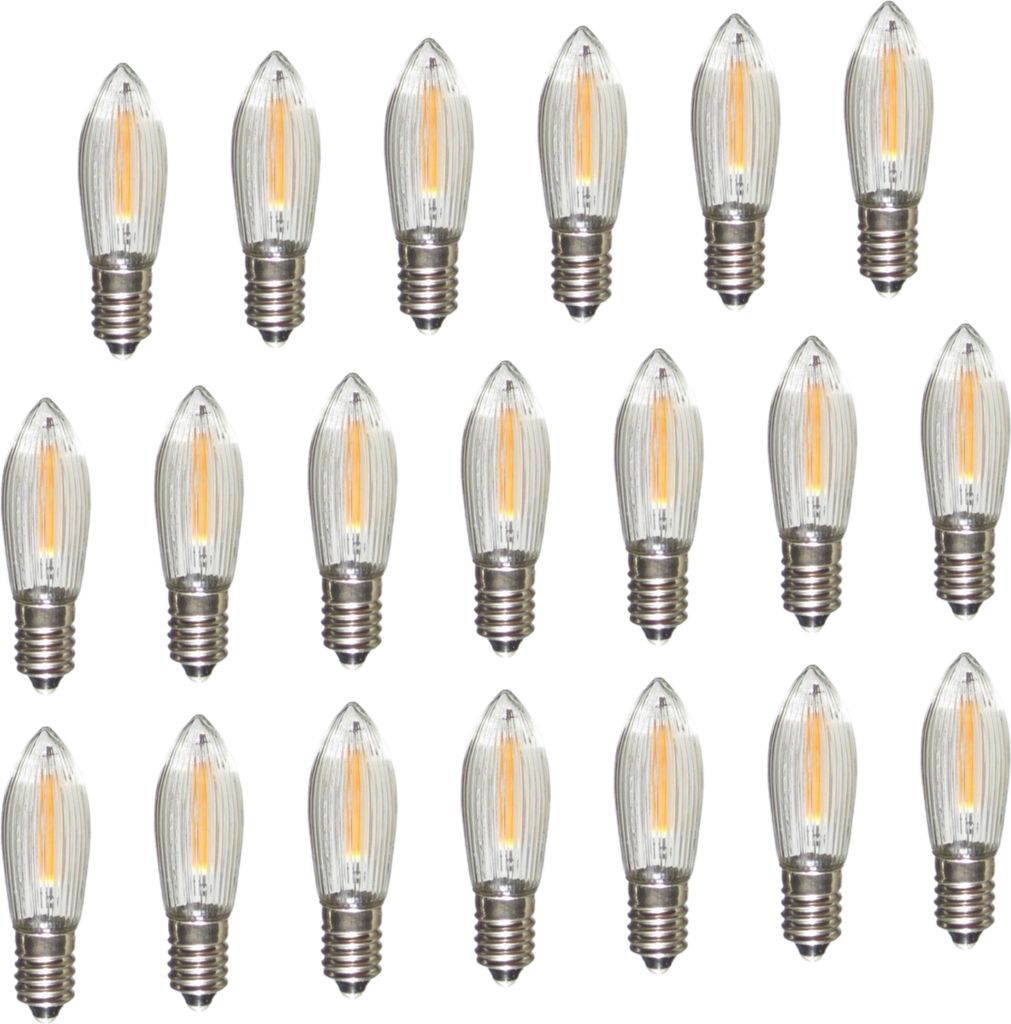 A collection of LED filament bulbs arranged in rows against a white background.