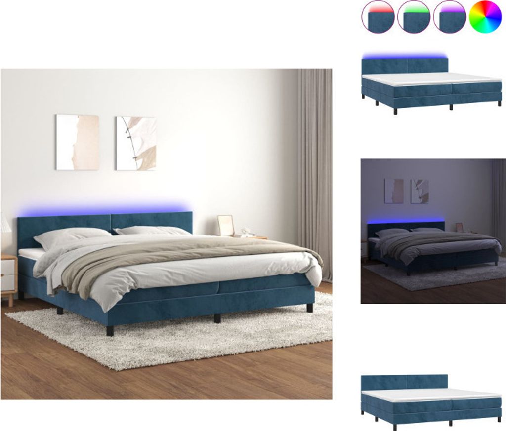 vidaXL Boxspringbett mit Matratze & LED Dunkelblau 200x200 cm Samt - Betten & Bettgestelle