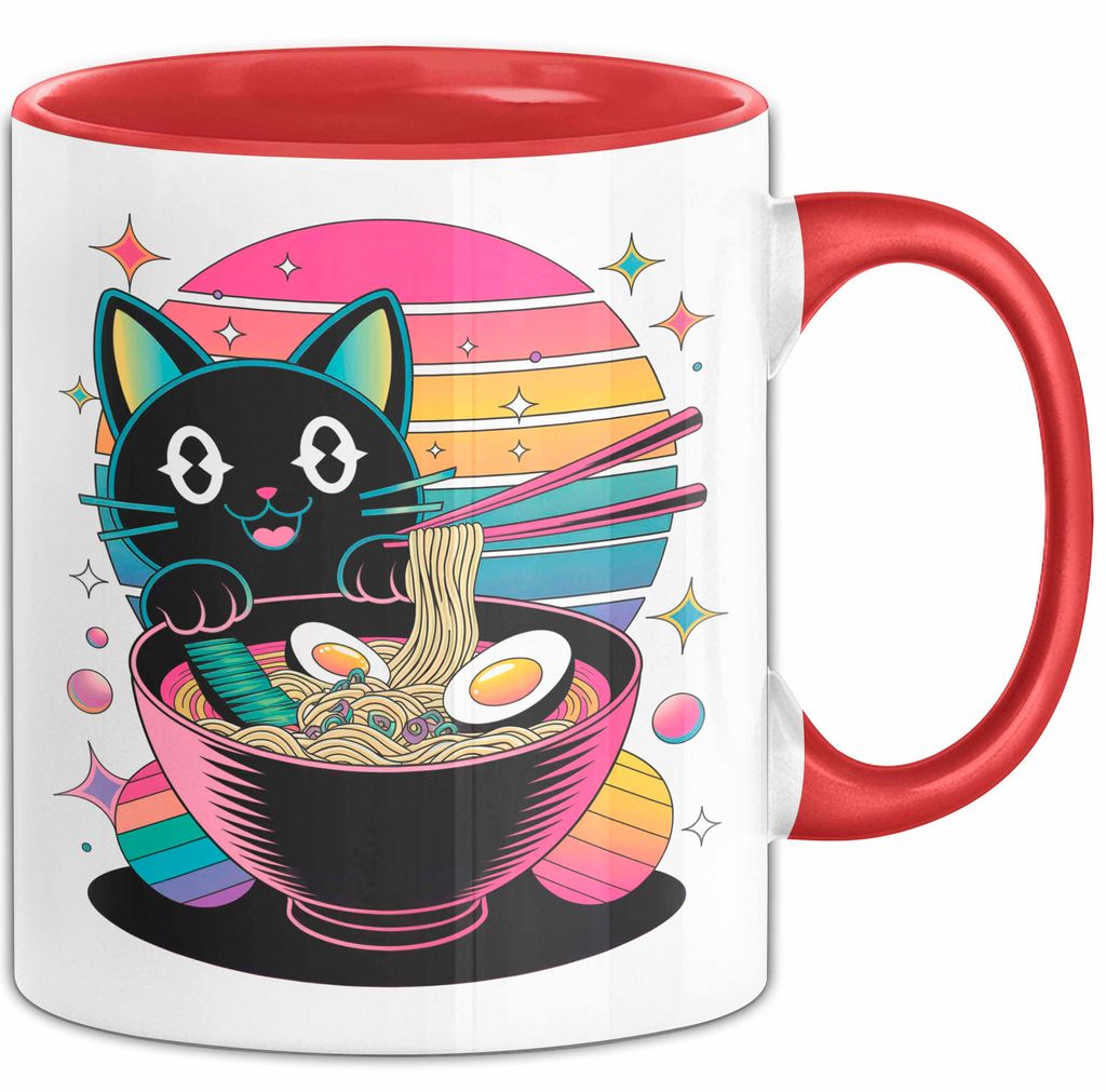 Katzen Tierliebhaber Tasse Geschenk Lustige Geschenkidee Spruch Katze Isst Ramen Nudeln (Rot)