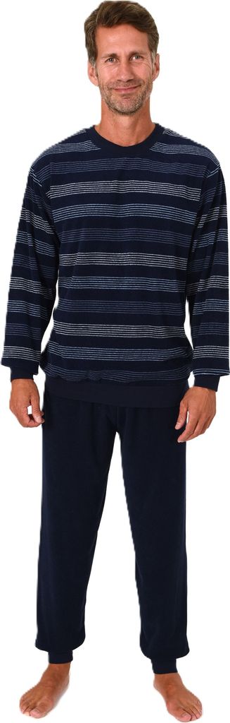 Normann Herren Frottee Schlafanzug lang mit Bündchen - auch in Übergrößen – Streifenoptik ; navy , 58