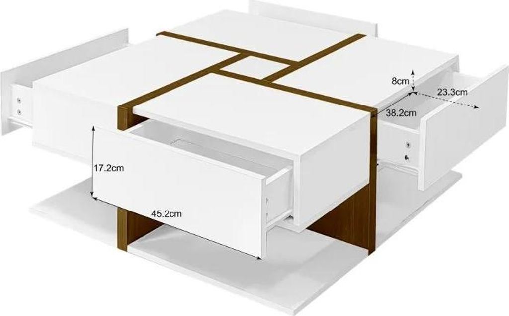 Couchtisch - Quadratischer Holztisch - 4 Schubladen - Stauraum - Lineares Design - Kompakt - Weiß