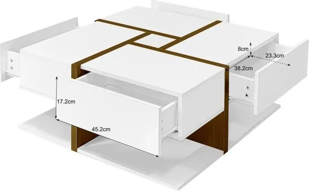 Table basse carrée en bois blanc 4 tiroirs au design linéaire épuré