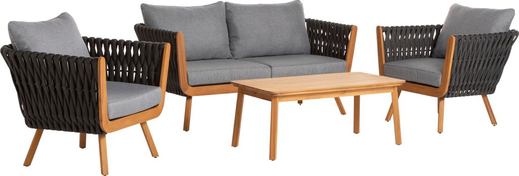 Dehner Garten-Lounge Granada, 4-teilige Outdoor Sitzgruppe, 1x Sofa / 2x Sessel, je inkl. Polster, 1x Tisch, Aluminium / FSC es Teakholz / Polyes...