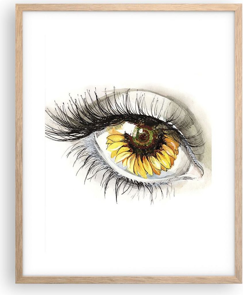 Gerahmtes Poster - Rahmen in heller Eiche - Sonnenblume Auge Computer Blume - 40x50 cm - Wand Bild - Wanddeko - Wandbilder - Wandposter - Bilderrah...