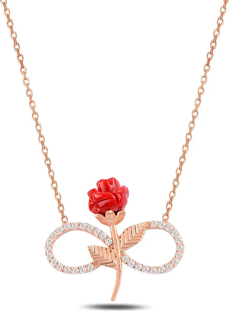 Pendentif Infini Femme Argent 925 Rose Rouge et Cristaux de Zircone