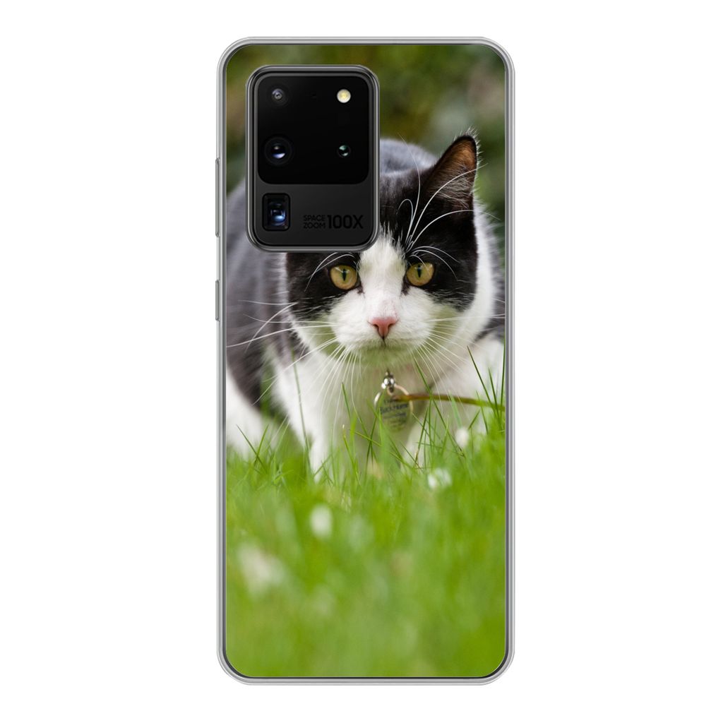 MuchoWow Handyhülle Schutzhülle Hülle für Samsung Galaxy S20 Ultra Katze - Gras - Schwarz - Weiß - Mädchen - Kinder - Jungen - Kinder Silik...