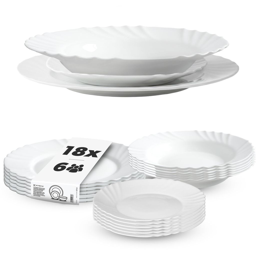 KADAX Geschirrservice 18-teilig, Geschirrset für 6 Personen, Tafelservice mit Suppenteller, Dessertteller & Speiseteller, Tellerset aus Opalglas, ...