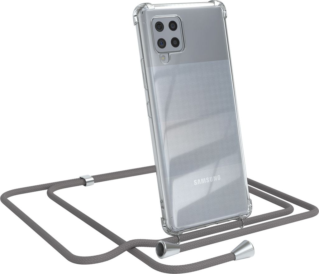 EAZY CASE Handykette kompatibel mit Samsung Galaxy A42 5G, Handyhülle mit Umhängeband, Handykordel, Schutzhülle Clear, Band in Grau