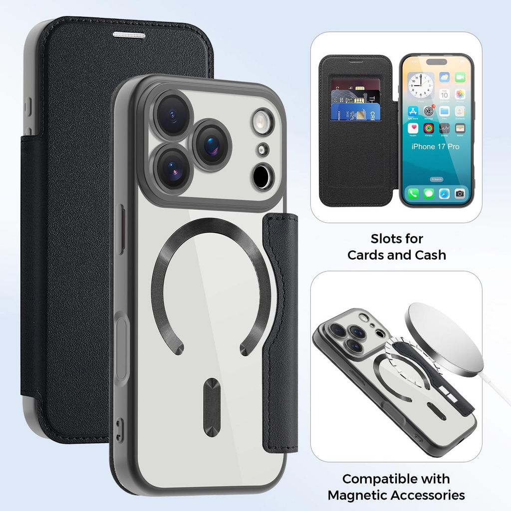 Klapphülle für iPhone 17 Pro Kompatibel mit Magsafe, Klar Überzug Kartenhalter Ledertasche mit Kameraschutz Schwarz
