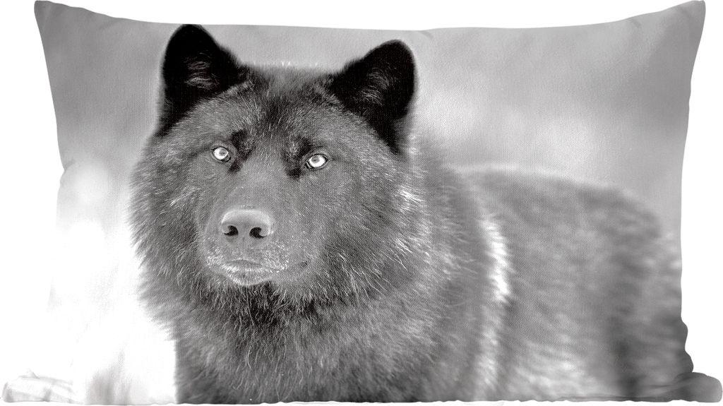 MuchoWow Zierkissen Sofakissen Wohnzimmer Dekokissen 50x30 cm Schwarzer Wolf in Schwarz und Weiß - Wohnzimmerdekoration - Polster mit Photo