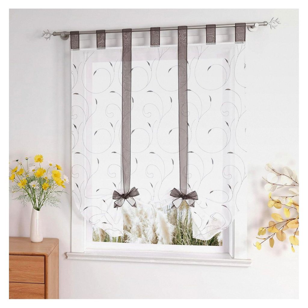 1er-Pack Voile Stickerei Bindegardine mit Schlaufen Raffrollos, Weiß Grau, B/H: 140/140 cm