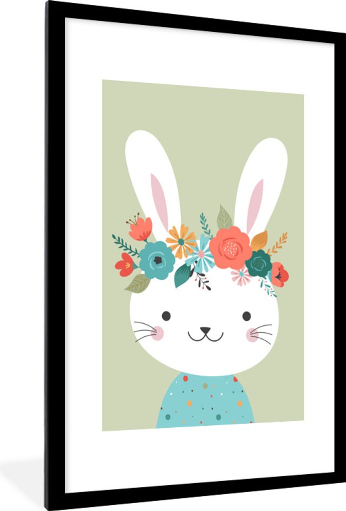 MuchoWow Gerahmtes Poster Kaninchen - Blumen - Tupfen 60x90 cm - Poster mit Schwarzem Bilderrahmen Wandposter Rahmen Foto Bilder - Dekoration - W...