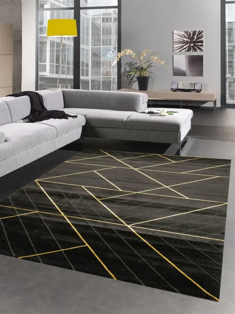 Tapis de salon moderne pour déco chic - Noir et Or géométrique 60x110