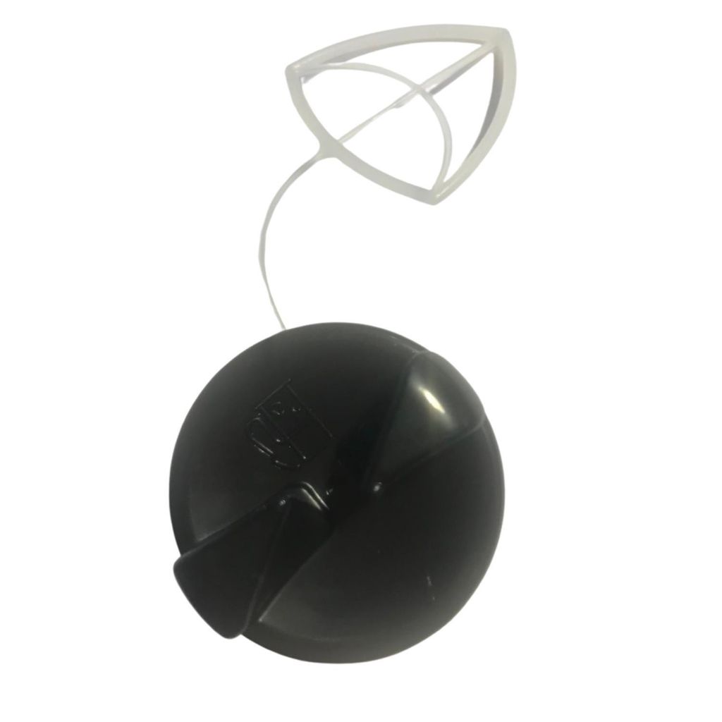 A black fuel cap with a clear plastic tether and cap holder, isolated on a white background.