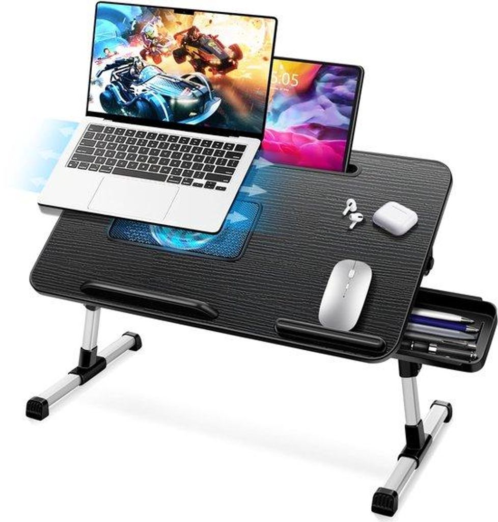Azomor Verstellbarer und zusammenklappbarer Laptop-Tisch mit Kühler und Schublade zur Aufbewahrung für Bett oder Sofa