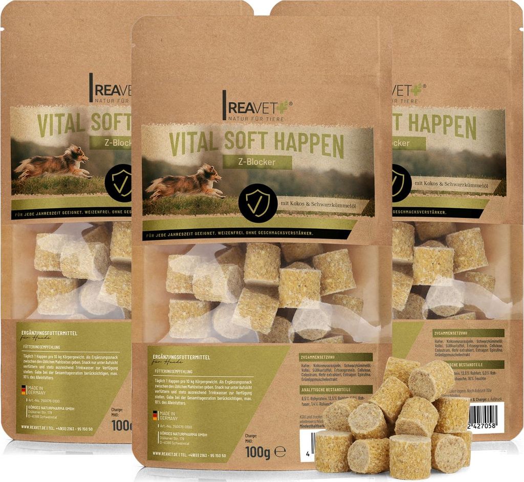 REAVET Z-Blocker Hundeleckerli Weizenfrei 3 x 100g I Vital Soft Happen I mit Schwarzkümmelöl & Kokos I Hundesnack Leckerlis für jede Jahreszeit