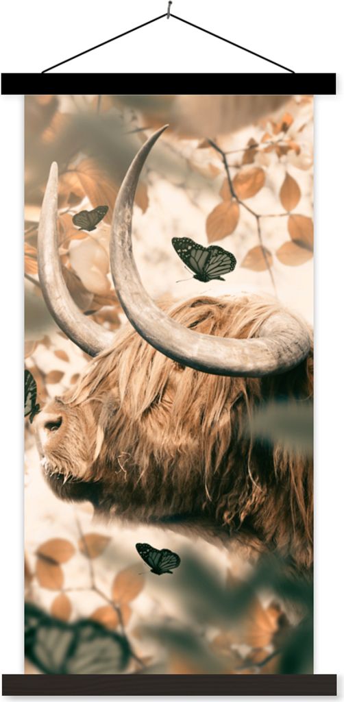 MuchoWow Textilposter Schottische Hochlandrind - Schmetterlinge - Blätter 90x180 cm mit schwarzem Rahmen - Dekoration Wohnzimmer