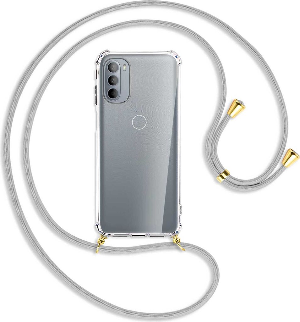 Handykette Backcover-Schutzhülle mit Band (Metall goldfarben) für Motorola Moto G31, Moto G41 - silbergrau