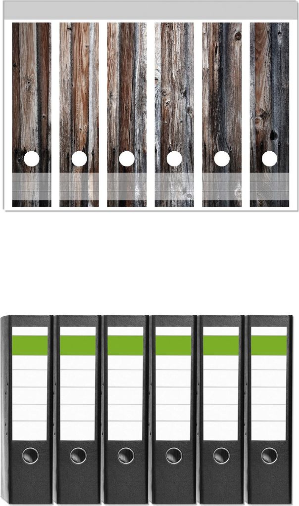 Wallario 6 Stück breite Ordner inkl. Klebeetiketten mit Motive Alte Holzwand - Holzplanken in grau und braun - Set mit Rückenschildern / Ordnerr...