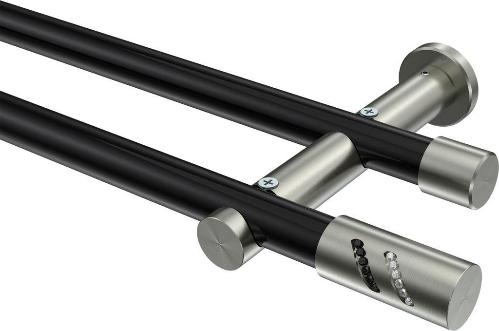 Interdeco Gardinenstange / Vorhangstange Schwarz / Edelstahl-Optik, Typ Platon Zoena (Glitzerzylinder) ohne Ringe, 20 mm Ø 2-läufig, 360 cm