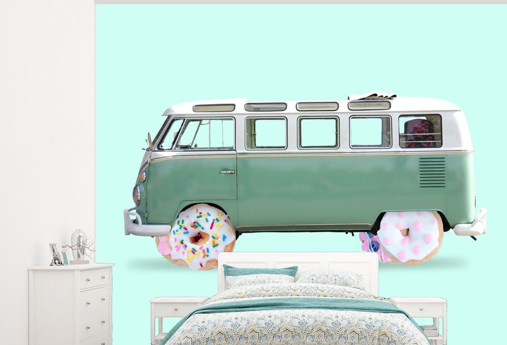 MuchoWow Fototapete für Wohnzimmer oder Schlafzimmer Wandtapete Vinyl Motivtapete Donuts - Lieferwagen - Auto - Grün - 375x300 cm - Tapezierpapier