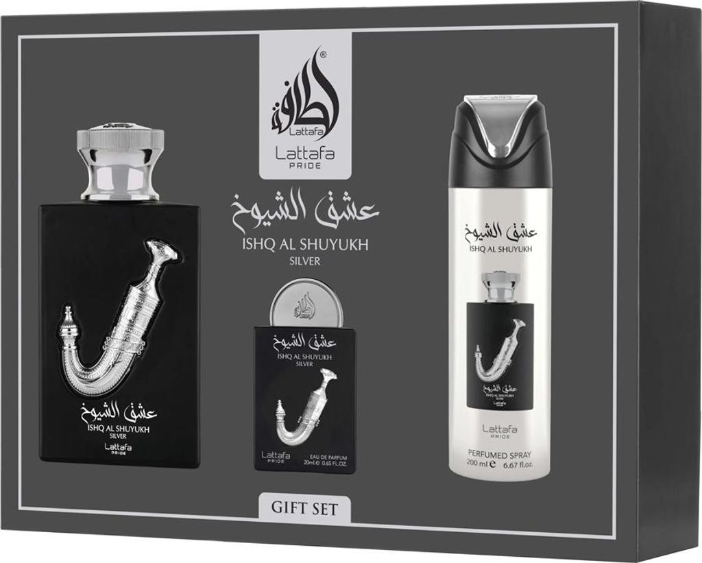 A gift set of Lattafa Pride Ishq Al Shuyukh Silver fragrance products is displayed in a box.