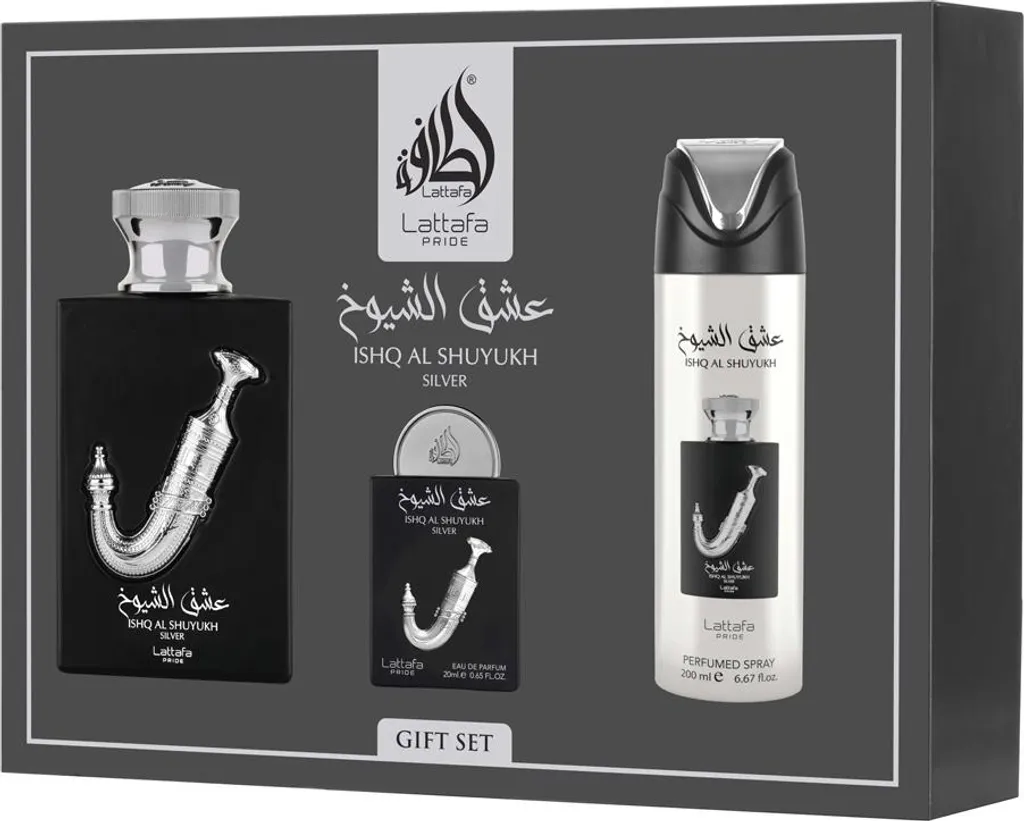Coffret Parfum Homme Ishq Al Shuyukh Silver avec Déodorant et Voyage