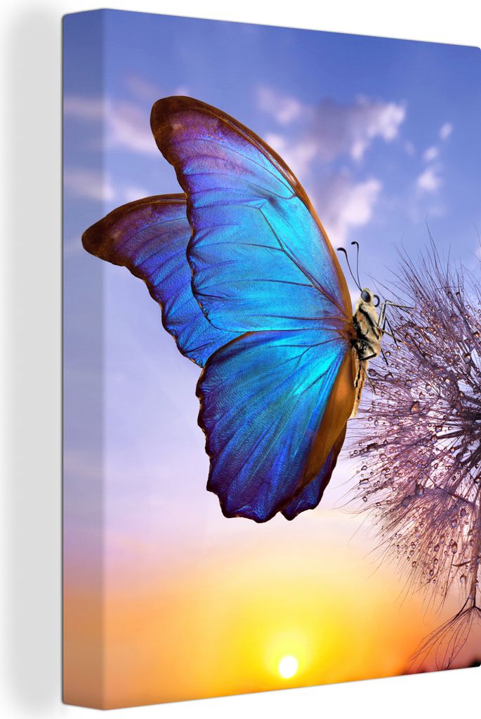 MuchoWow - Leinwandbilder - Schmetterling - Sonnenuntergang - Löwenzahn - Blau, Wandbild, Wanddeko Bilder Wohnzimmer, 30x40 cm