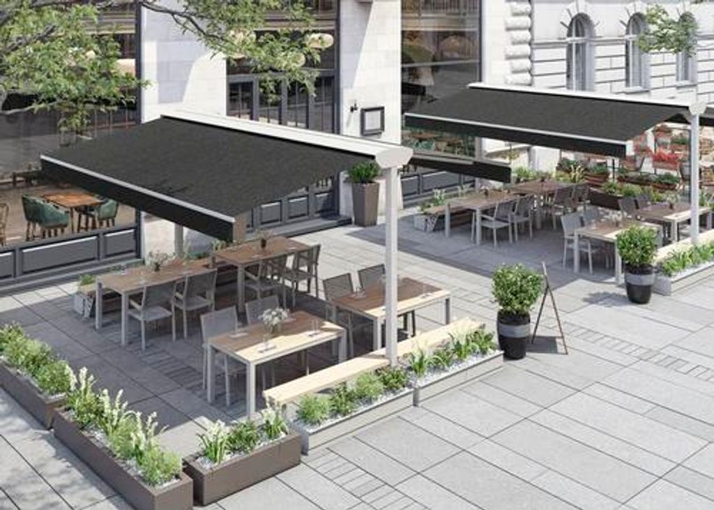 Soluna Standmarkise Duo 400x500 cm Gestellfarbe RAL 9010 reinweiß Stoffdessin U406 inkl. 8x Holzbohlen für Sitzbänke unb