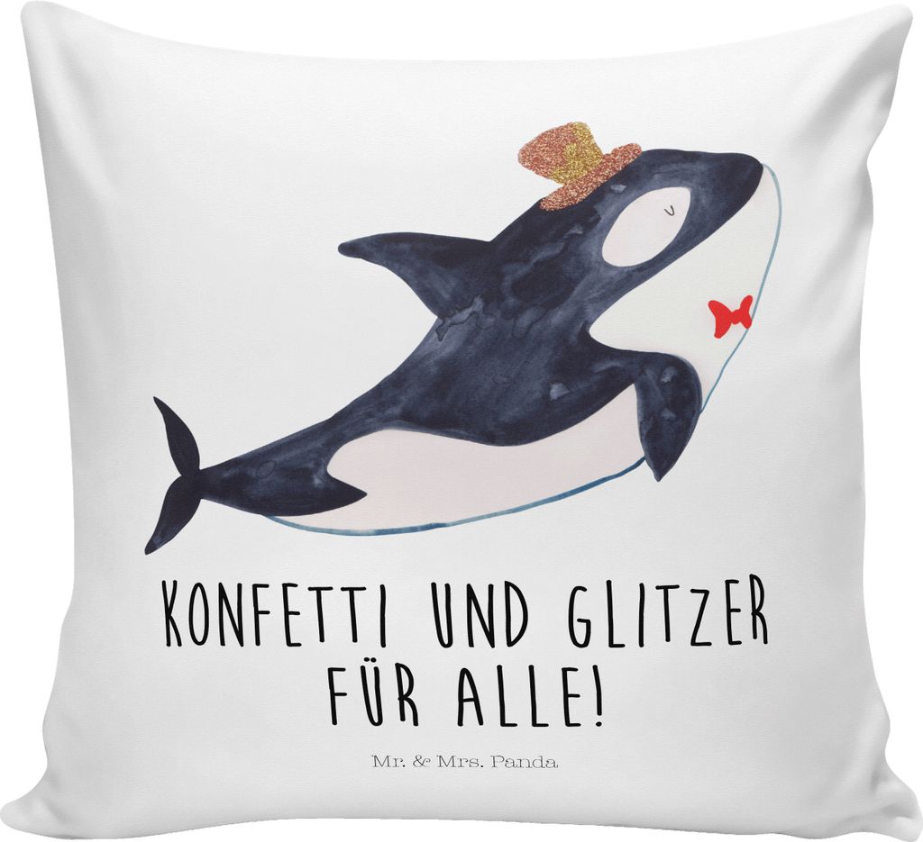 Mr. & Mrs. Panda kuschelkissen 40x40 Orca Zylinder - Weiß - Geschenk, Meer, Fest, Fete, Geburtstag, Narwal, Kuschel Kissen, Konfetti, Sofakissen, ...