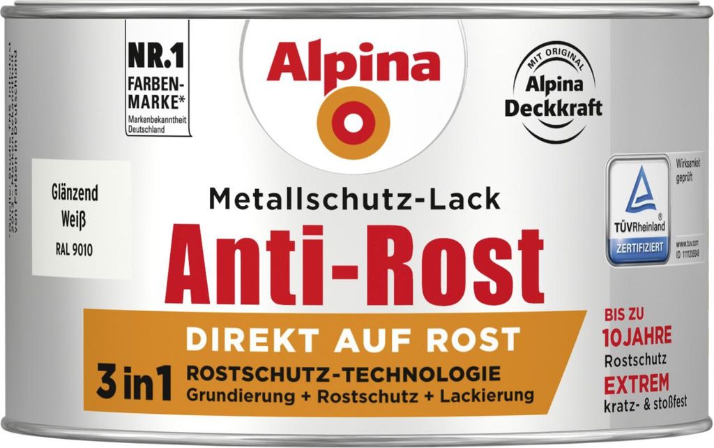 Alpina Metallschutzlack Anti-Rost Weiß 300 ml glänzend