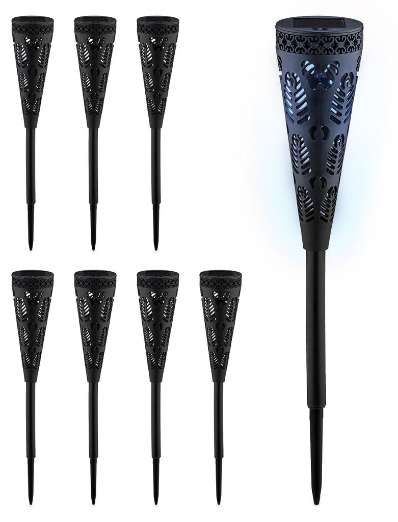 Relaxdays Solarlampe 8er Set, Fackel-Design, Gartenbeleuchtung mit Lichteffekt, H x D: 41 x 7 cm, mit Erdspieß, schwarz