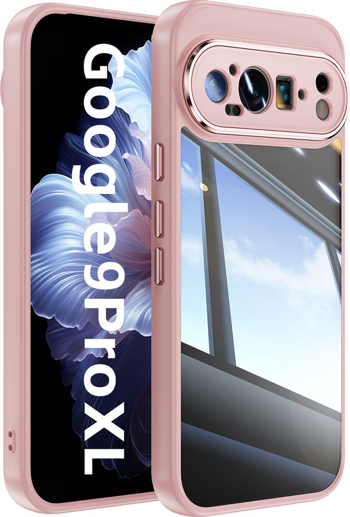 Handyhülle für Google Pixel 9 Pro XL Hybrid Transparent TPU PC Militärschutz mit Kameraabdeckung Pink