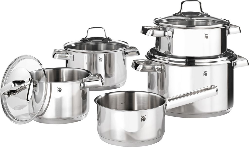 A set of stainless steel pots and pans arranged on a white background.