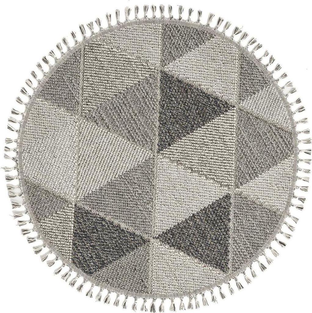 CALICOSY - Teppich rund grau mit grauem Dreiecksmuster und Fransen - BUKLE